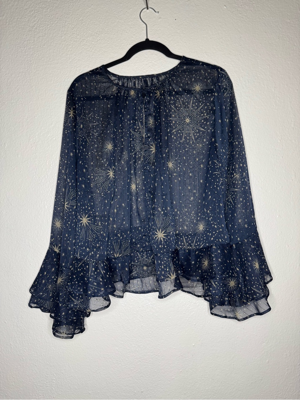 LOFT Celestial Shimmer Ruffle Peplum Blouse Navy Blue Sheer Star Print Sz XL - Picture 9 of 10